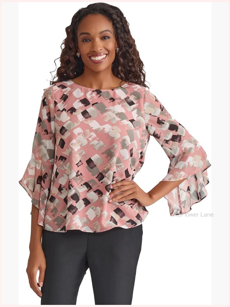 Women's Chiffon Blouse - Ruffled Sleeve Boat Neck Top